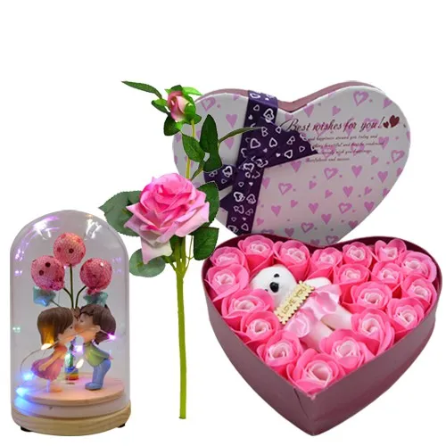 Classic Trio of Heart Shape Roses N Teddy Box with Couple Showpiece N Pink Rose Stick