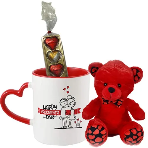 Attractive Gift of Red Teddy with Printed Coffee Mug N Handmade Chocolates
