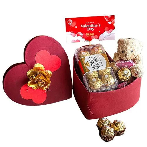 Lovely Heart Box of Ferrero Rocher with Teddy N Greetings Card