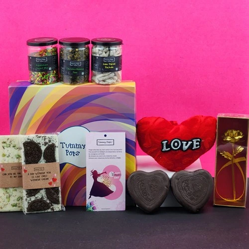 Hearty Chocolates with Golden Rose N Assorted Treats Gift Box