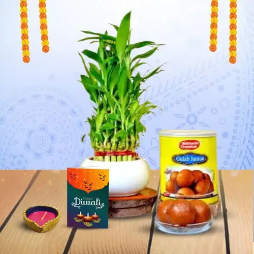 Diwali Hamper  Bamboo Plant Diya And Sweet Celebrations
