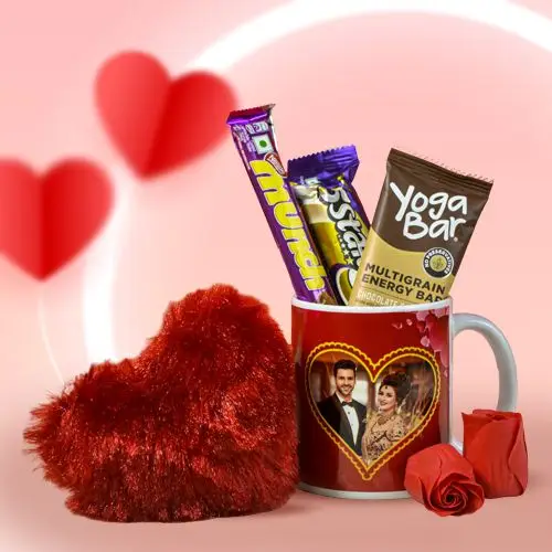 Ravishing Set of Personalized Mug with Chocolates N Cushion