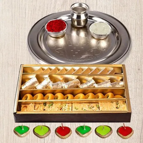 Silver Puja Thali, Diya N Haldirams Assorted Sweets.