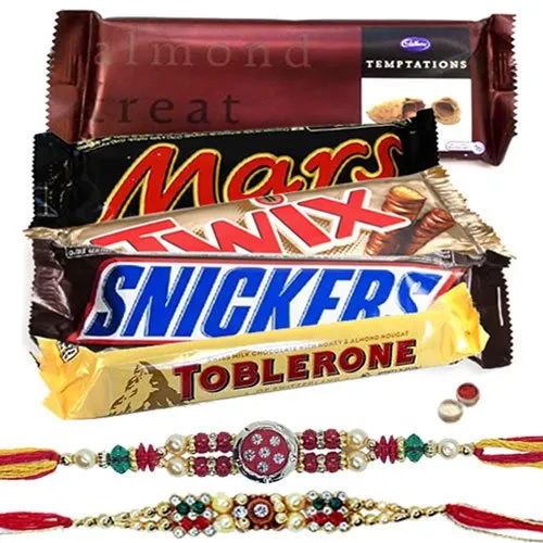 Delicous Chocolate Bars Hamper with 2 Designer Rakhi and Roli Tilak Chawal