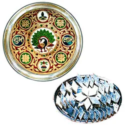 Online Subh Labh Stainless Steel Thali with Haldirams Kaju Katli