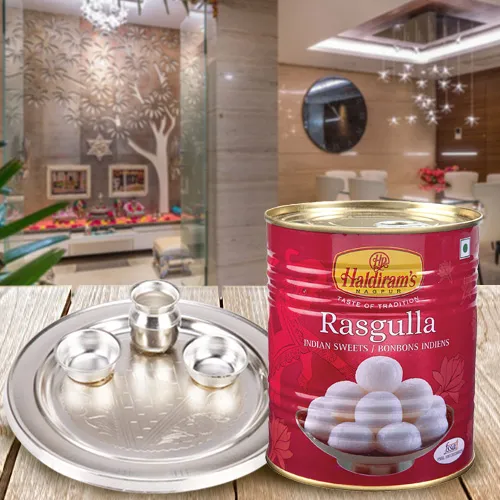 Order Haldirams Rasgulla with Silver Plated Puja Thali