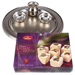 Online Silver Plated Puja Thali with Haldirams Soan Papdi