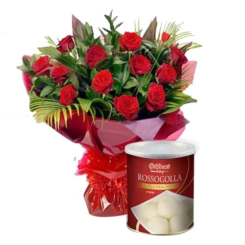 Gorgeous 12 Red Roses and 1 Kg. Haldiram Rasgulla