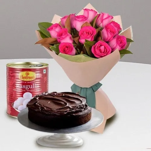 Combo of Pink Roses and Haldiram Rasgulla with Eggless Chocolate Cake