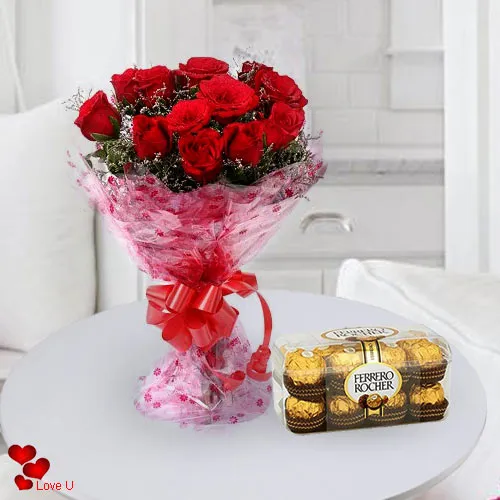 Send Online Red Roses Bouquet with Ferrero Rocher Chocolates