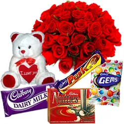 Online Teddy with Assorted Cadbury Chocolates N Roses Bouquet