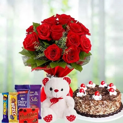 Red Roses Bouquet with Teddy N Chocolates for Chocolate Day