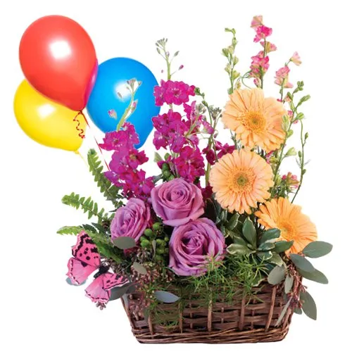 Festive Beautiful Flowers and Bright Balloons with Warm Wishes