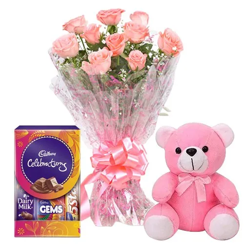 Frenzy Pink Rose Hand Bunch, Small Teddy and Mini Cadbury Celebration