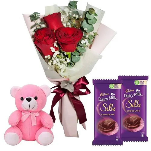 Fancy Small Teddy, Roses and Dairy Milk Silk Chocolate Bars