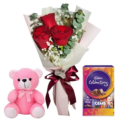Vibrant Red Rose Array, Cute Teddy and Cadbury Assortment Mini Pack