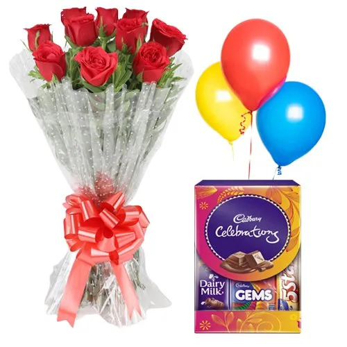 Perfect Choiceof Red Roses Bouquet, Balloons and Cadbury Celebration Mini