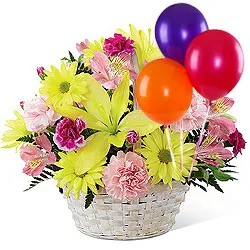 Enchanted Love Mixed Flowers Arrangement in Basket with Colorful Balloons