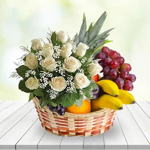 Elegant Basket of White Roses N Fruits
