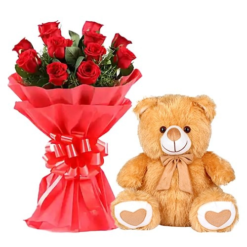 Valentines Day Combo of Teddy N Red Roses