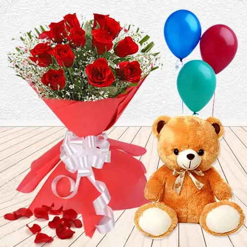 Most Meaningful Surprise Gift of Red Roses, Teddy and Balloons