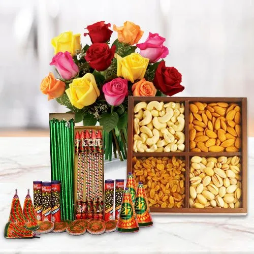 Astounding Collection of Dry Fruits, 12 Pcs Mixed Roses and Crackers