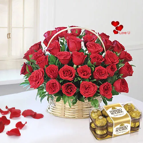 Buy Red Roses Basket N Ferrero Rocher Chocolates Online