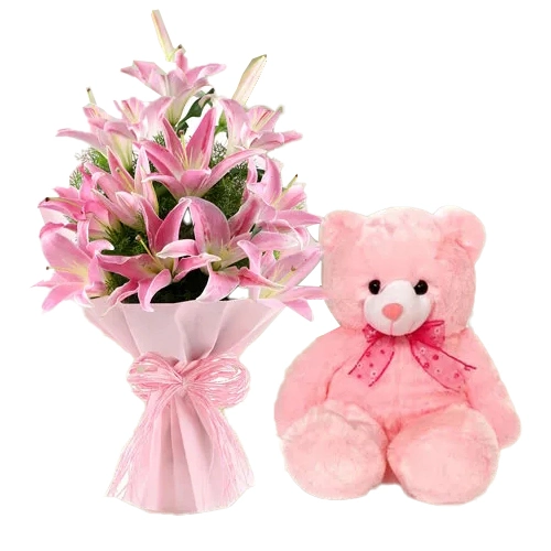 Book Pink Lilies Bouquet N Teddy Online