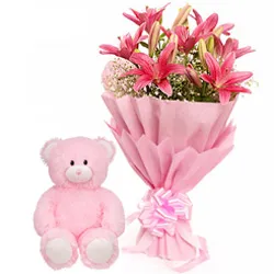 Hand Bunch of Pink Lilies with a small Teddy
