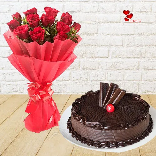 Book Online Chocolate Cake N Red Roses Bouquet