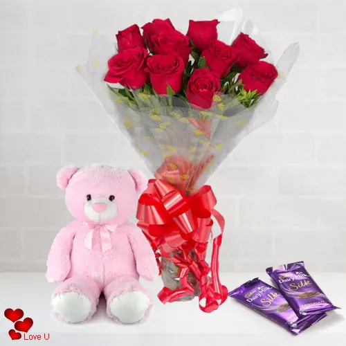 Deliver Red Roses Bouquet, Teddy N Chocolates for V-Day