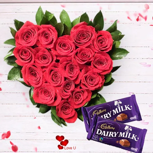 V-Day Gift of Heart Shape Rose Arrangement with Dairy Milk