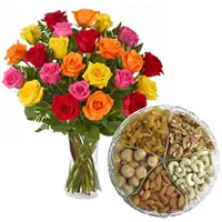 Send Assorted Dry Fruits with Bouquet of Mixed Colour Roses