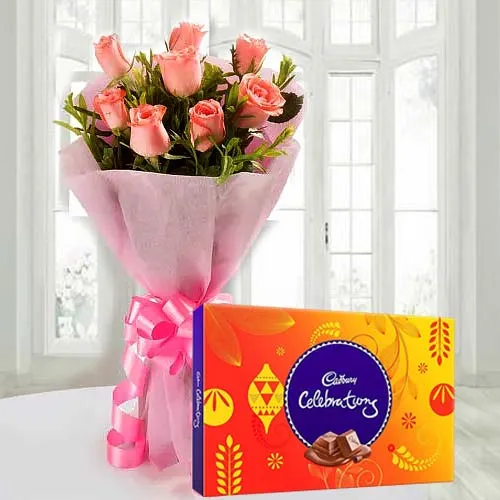 Delectable Combo of Cadbury Celebrations N Pink Rose Bouquet