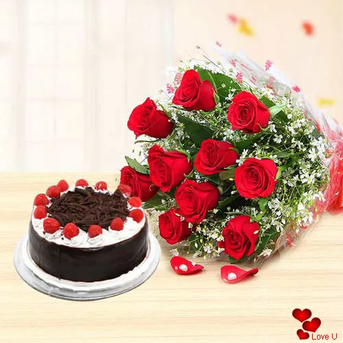 V-Day Surprise Red Roses Bouquet N Black Forest Cake