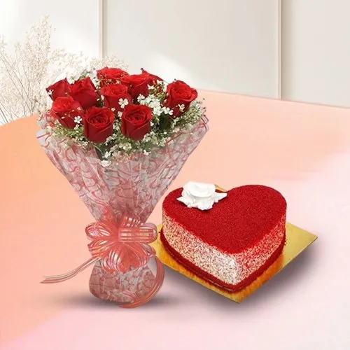 Combo of Heart Shape Red Velvet Cake with Red Rose Bouquet