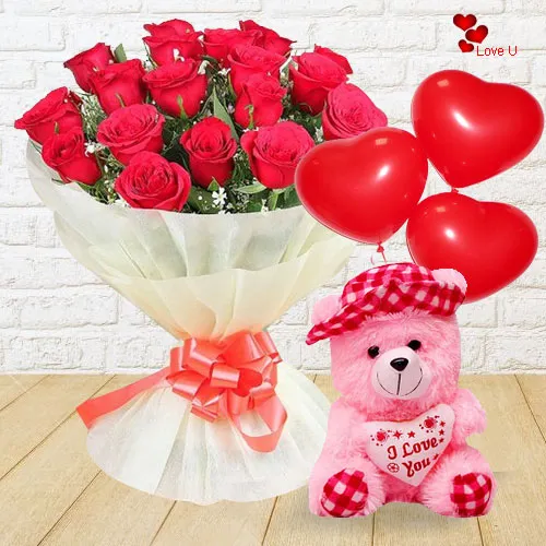 Cuddly Teddy with Red Rose Bouquet and Balloons