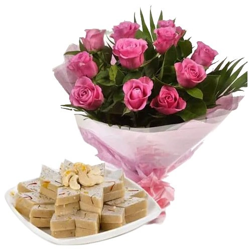 Deliver Pink Rose Bouquet and Kaju Katli