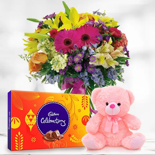 Gift Mixed Flowers with Cadbury Celebrations N Teddy