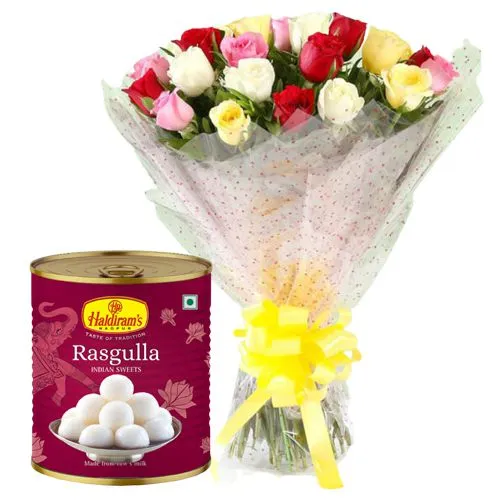 Order Mixed Roses and Haldirams Rasgulla