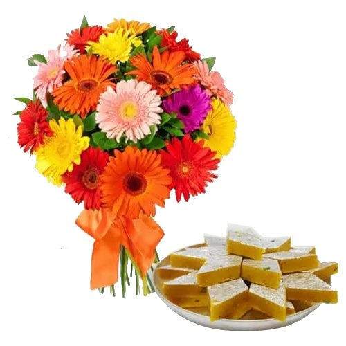 Online Mixed Gerberas Arrangement with Kaju Katli