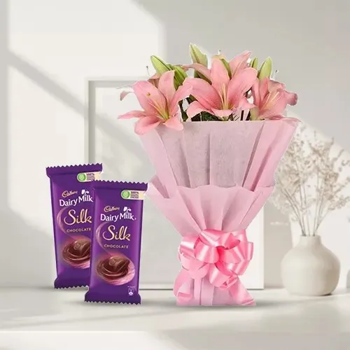 Order Dairy Milk Silk and Pink Lilies Bouquet