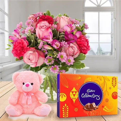 Send Mixed Flower iwith and  Cadbury Celebration  N Teddy