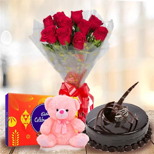 Order Chocolate Cake with Cadbury Celebrations, Teddy N Red Roses Bouquet