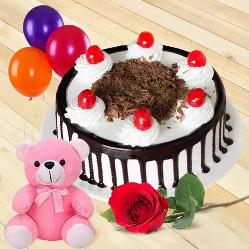 Buy Black Forest Cake with Teddy, Red Rose N Balloons