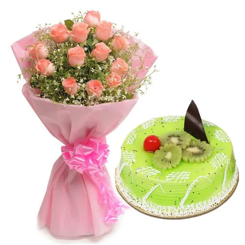 Online Deliver Kiwi Cake with Red Roses Bouquet