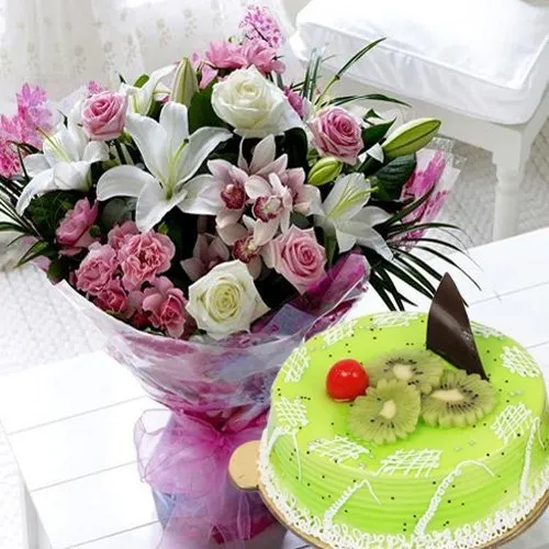 Mixed Flowers Bouquet with 1 kg Kiwi Cake