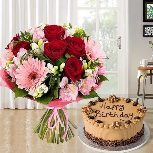 Combo of 12 Mixed Flowers Bouquet N 1 kg Coffee Cake