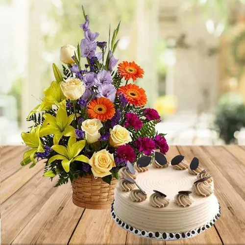 Gift Coffee Cake N Mixed Floral Arrangement