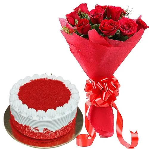 Send Combo of Red Velvet Cake N Red Roses Bouquet